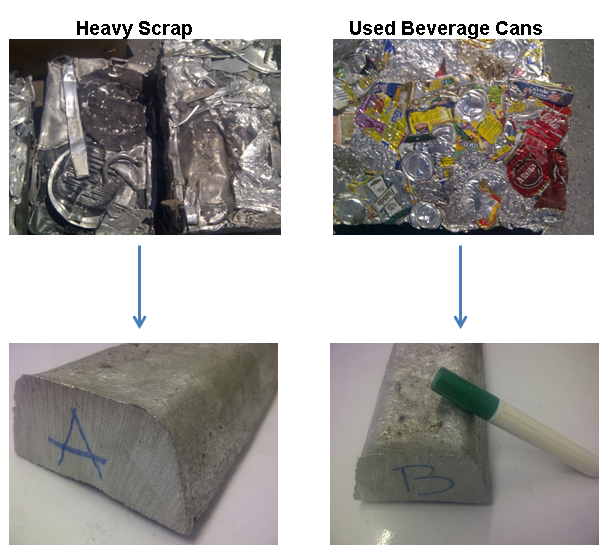 Figure 1: Showing the two scrap fractions used for the project which have been re-melted to produce a feedstock suitable for the processing with the high shear equipment at Brunel University.